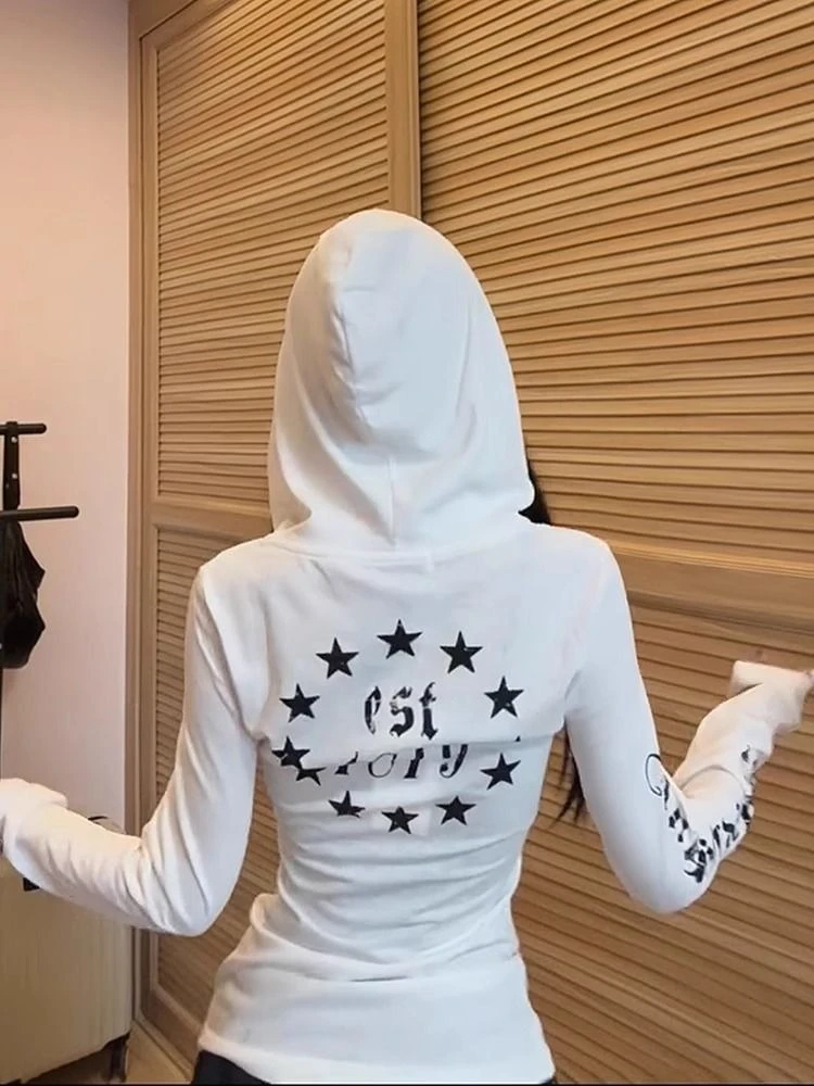 Summer Streetwear Sun Protection T-shirt Women Casual Letter Printing Grunge Tshirts Y2k Aesthetic Hooded Slim Fit Button Tops