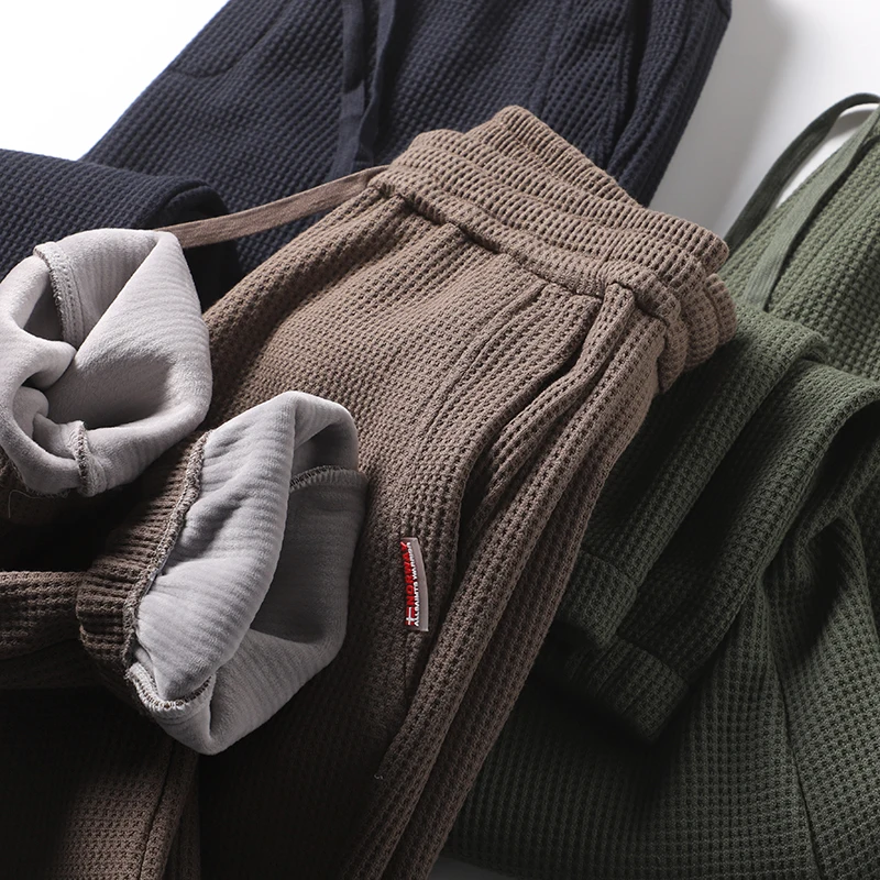 

Утепленные вязаные брюки на флисовой подкладке с манжетами, спортивные повседневные брюки в американском стиле, теплые зимние брюки для мужчин, свободного кроя, длинные