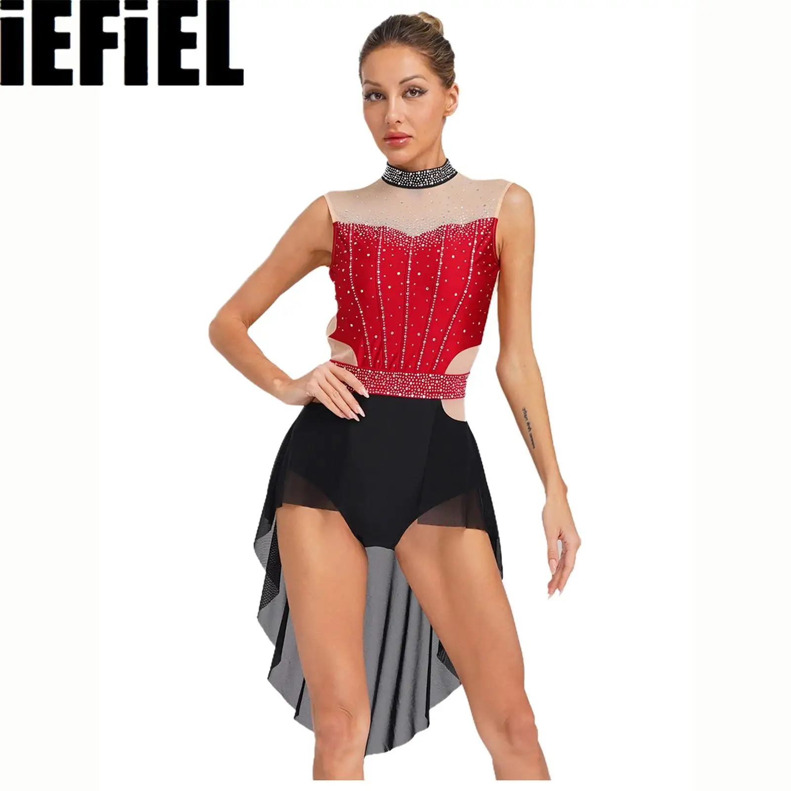 

Women Lyrical Jazz Dance Dress Mock Neck Sleeveless Backless Shiny Rhinestones Color Block Mesh Patchwork Skirted Leotard