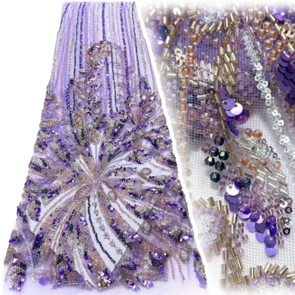 

Premium Nigerian Beaded Lace Fabric 5 Yards Luxury African Sequined Lace Fabric Wedding Fabric Bridal Lace Sewing Material 1814
