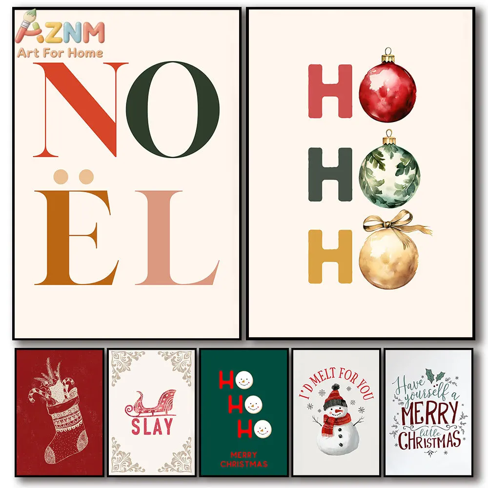 AZNM Modern Retro Christmas Letter Snowman Stocking Sleigh Bauble Canvas Wall Prints Xmas Home Indoor Decor Unframed Canvas Art