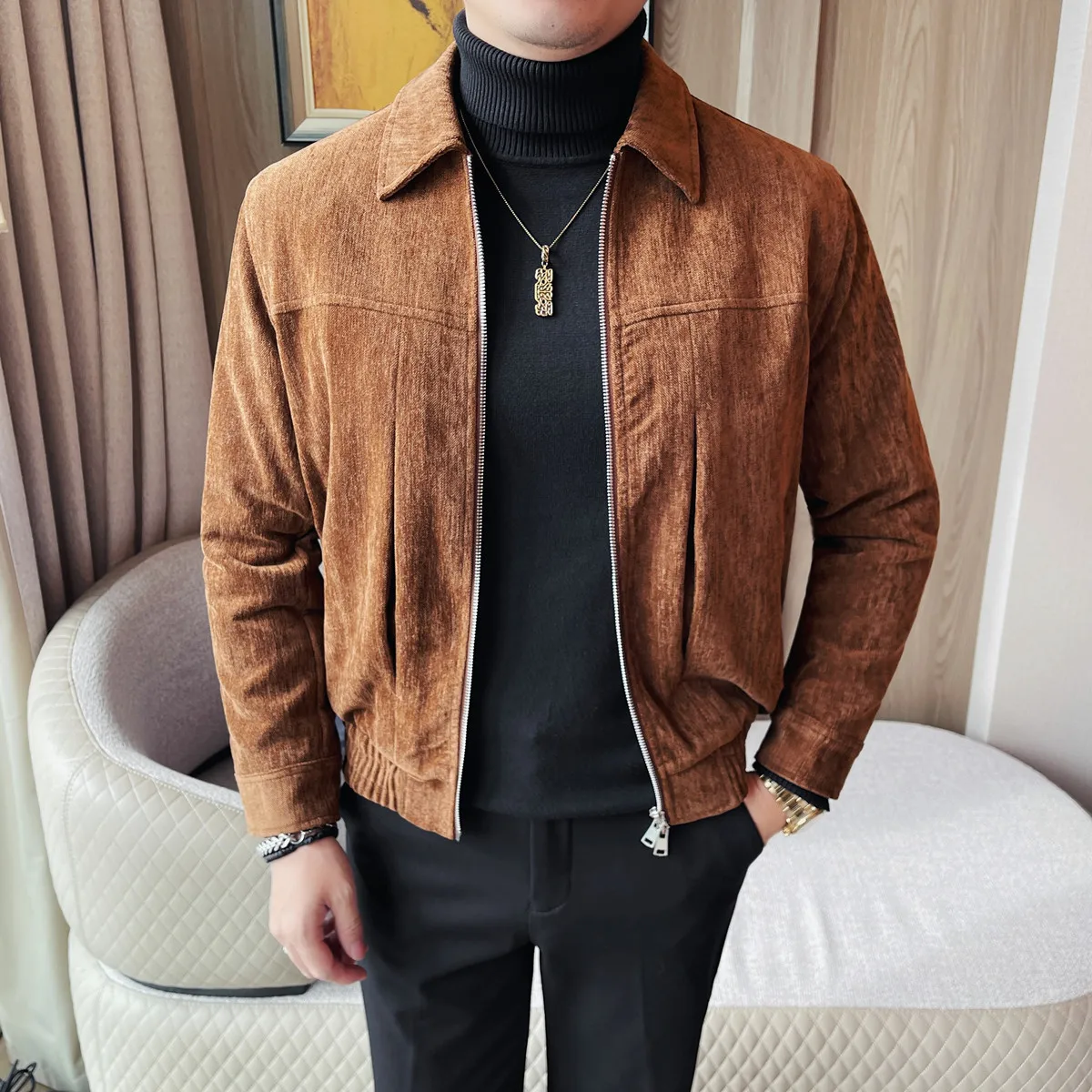 Motorcycle Jacket Retro Suede Coat Pu Lapel Trendy Men's Clothing Korean Style Casual Slim Fit Puffy Handsome Punk Short Jacket