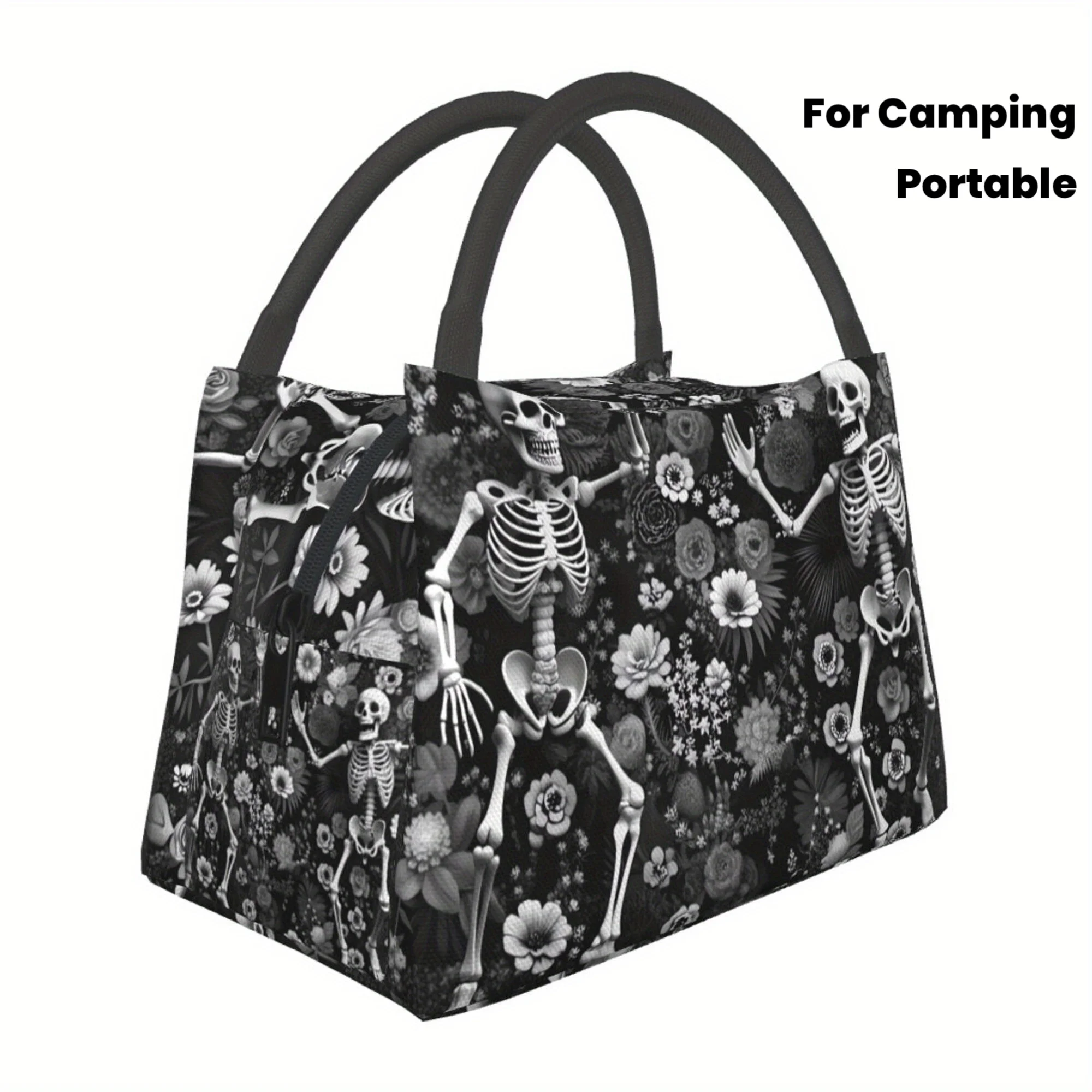 Christmas Black Skull Skeleton Pattern Portable Reusable Cooler Bag Cooler Bag Insulated Lunch Bag for Camping Picnic Beach