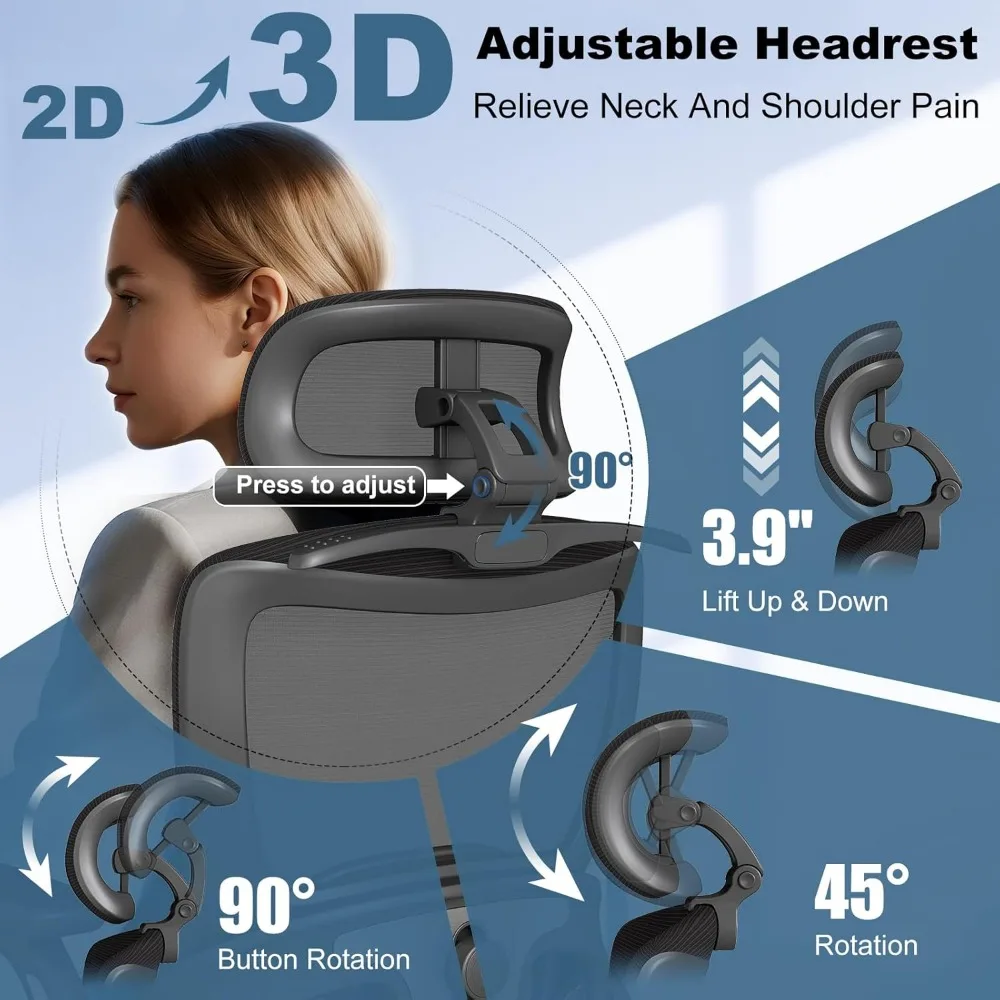 Kursi kantor ergonomis berbahan mesh dengan sandaran tangan 4D yang dapat disesuaikan, sandaran kepala 3D, dan sandaran punggung 2D untuk kemiringan 90-135 derajat