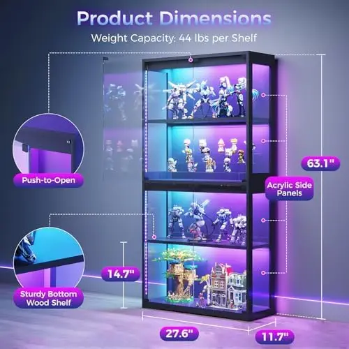 Glass Display Cabinet with Glass Doors, RGB Light Display Case, 4-Tier Storage Cabinet Display Shelf for Showcase