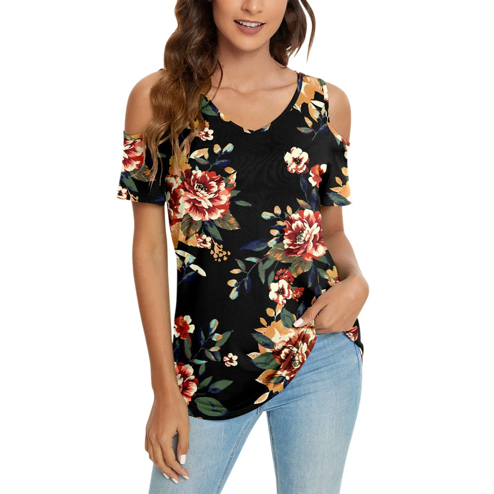 Sexy Flower Top Women Cold Shoulder Blouse Summer Short Sleeve Floral Print Blouses Tops Female Cloth