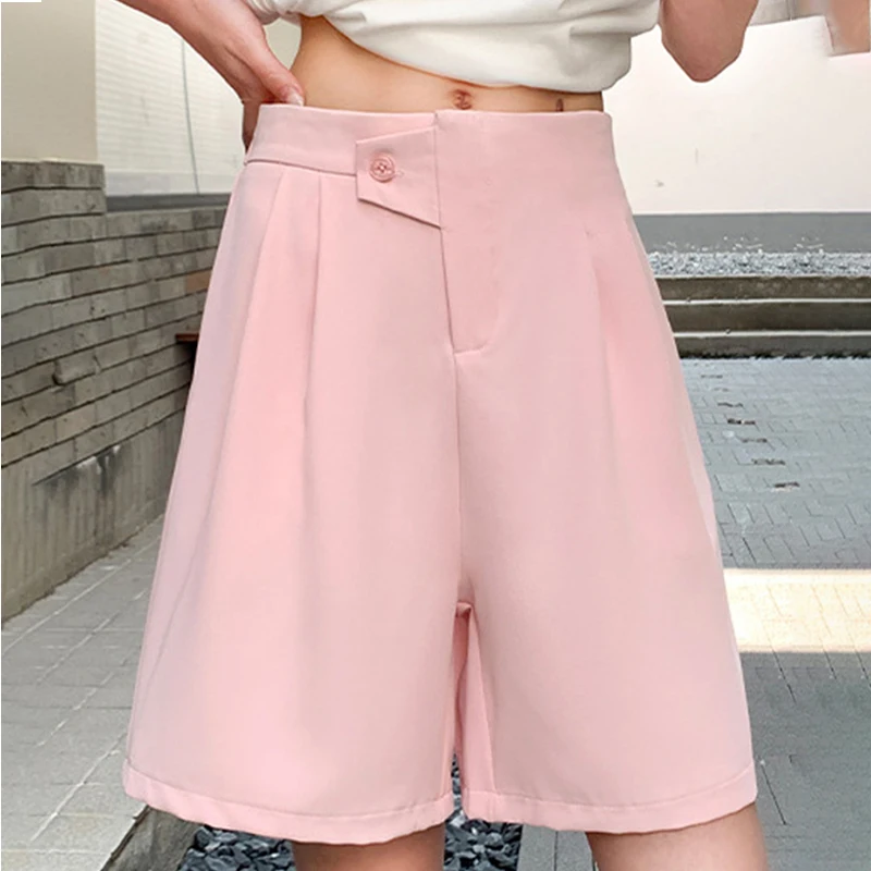 Women's Single Button Suit Five-Point Shorts 2025 Summer New High-Waist Wide-Leg Shorts Casual Fresh Style Thin Shorts for Woman