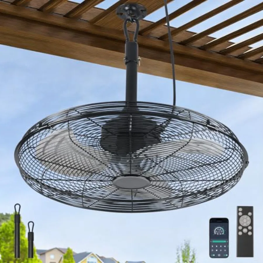 

Outdoor Ceiling Fan for Gazebo Pergola Porch Canopy, 20 Black Metal, Quiet 6-Speed Reversible Plug-in Fan with Remote and Hangi