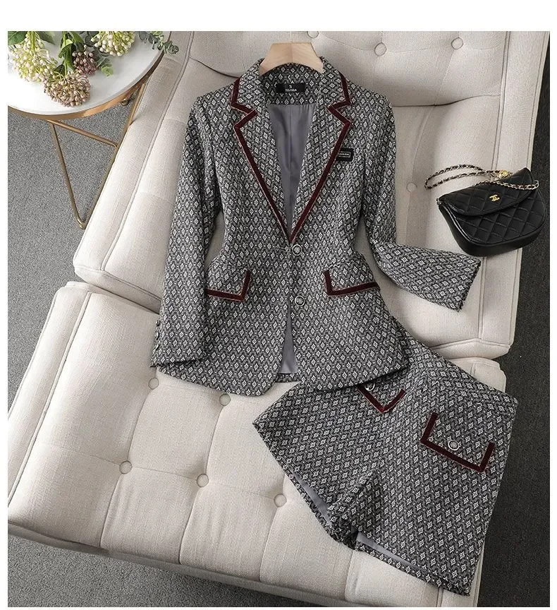 Women Elegant Office Pant Suit Blazer Jacke Coat Top And Short Two Three Piece Set Matching Outfit Winter Autunm Print Clothing