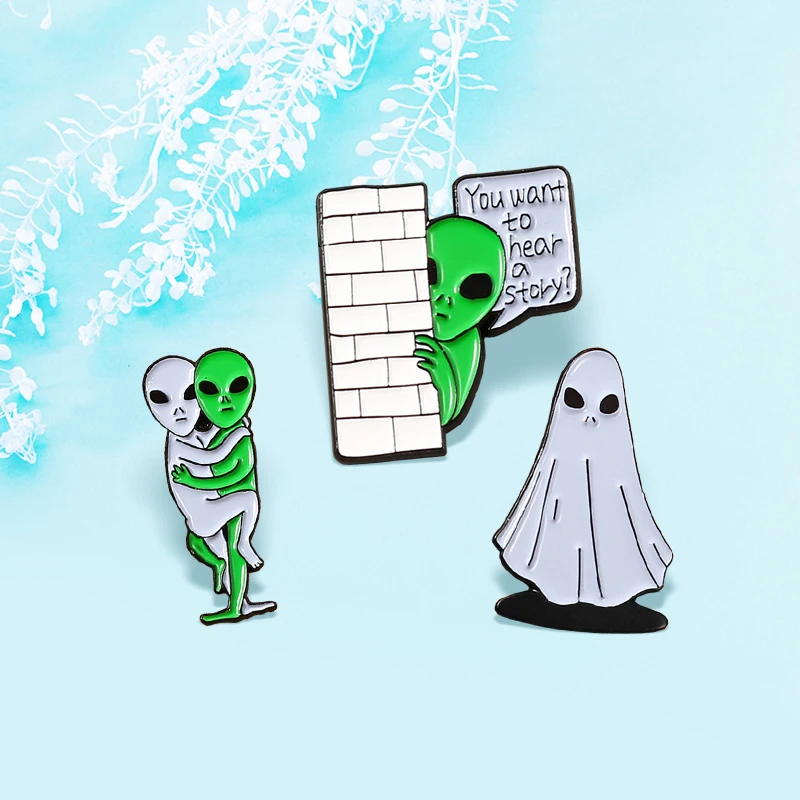 Funny 'You want to hear a story?' Alien Friends Brooches Ghost Alien ET UFO Enamel Pin Badge Lapel For Kids Jewelry Wholesale