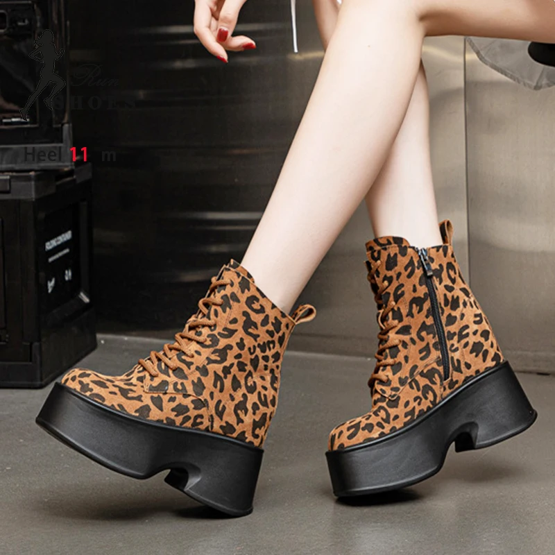 Autumn Winter Increase Height Shoes For Women Fashion Leopard Print Short Boots Gothic Chunky Heels Shoes Platform Ankle Boots ﻿