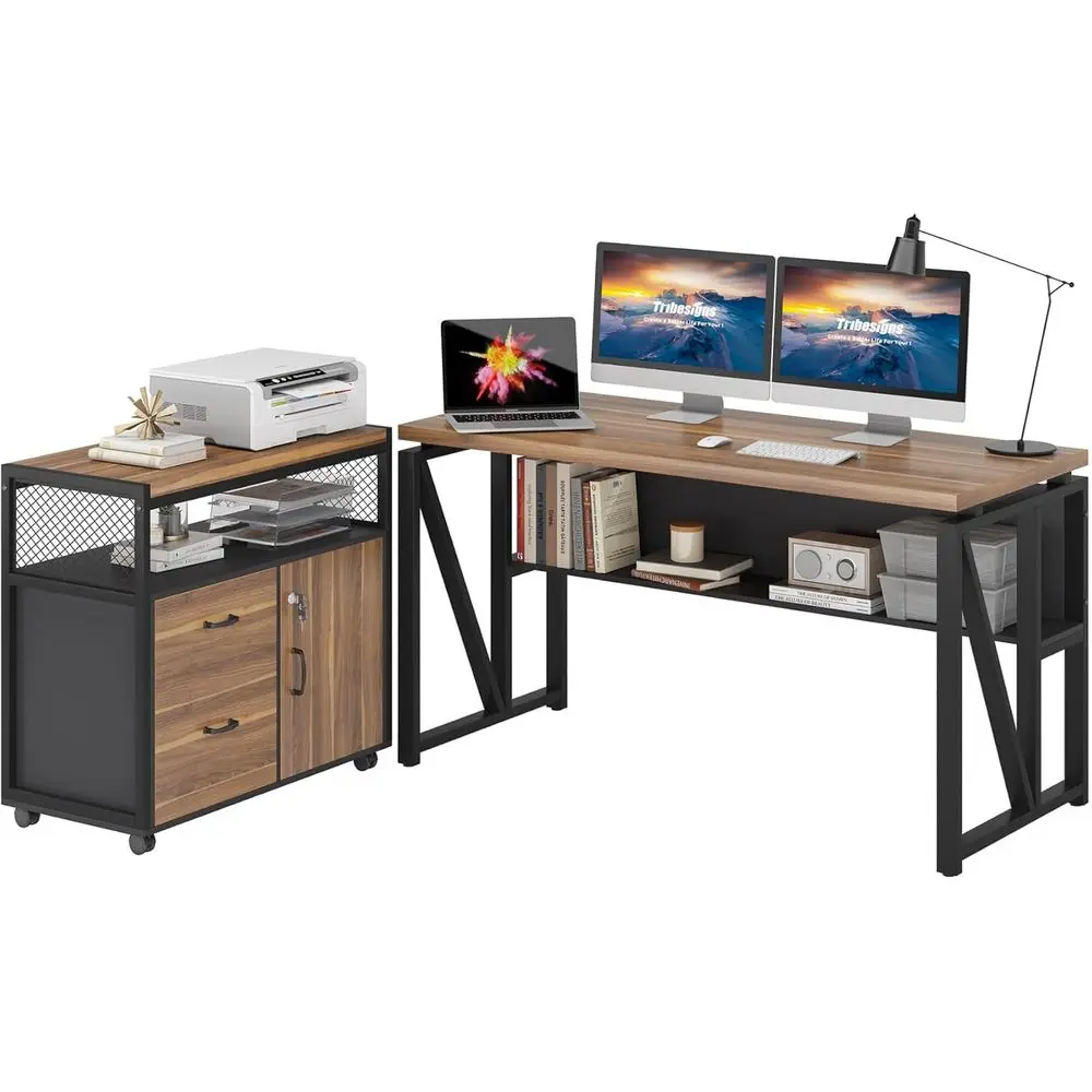 

Реверсивный офисный стол-тумба 55 с выдвижными ящиками, большой L-образный офисный стол с отделкой под орех, цвет орех