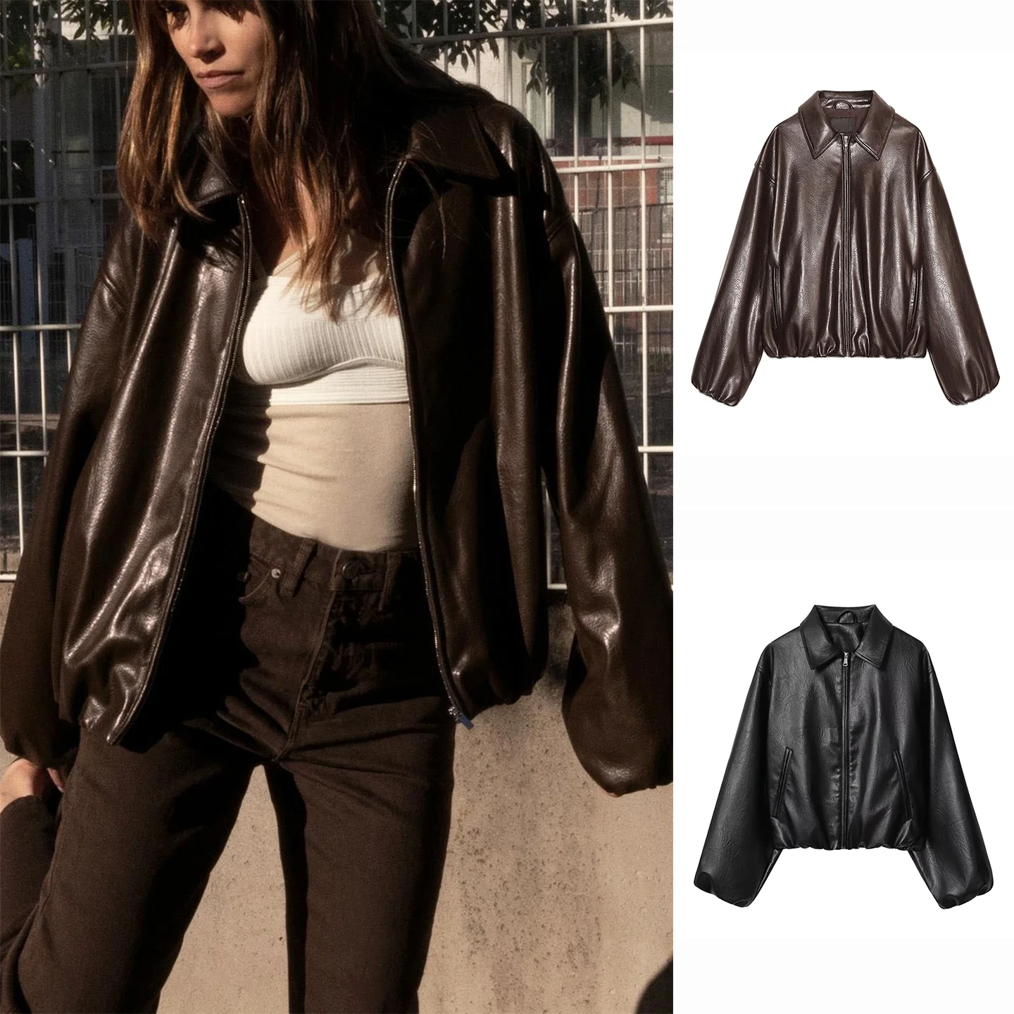 فضفاض طويل Sve بولي Leather الجلود الطيار Jaet المرأة الخريف جديد Sle الوقوف طوق سستة إغلاق تخفيف Sle Faion ملابس خارجية