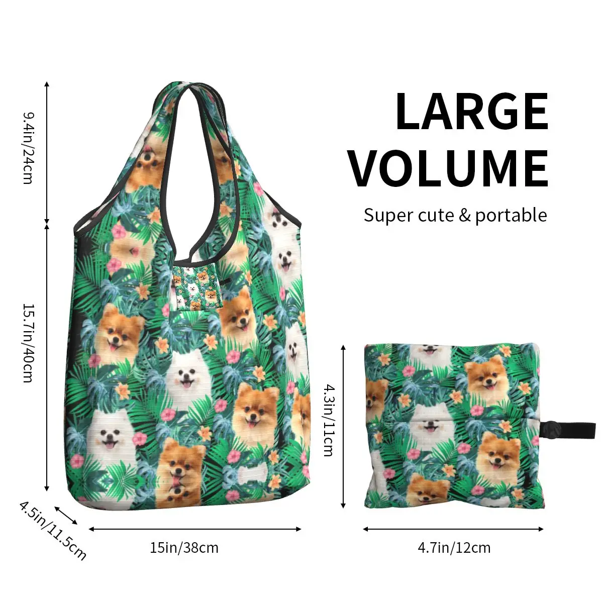 Bolsa de compras portátil Pet Spitz, reciclagem personalizada de cachorro Pomeranian com folha, sacola de compras para mulheres, sacola, verão