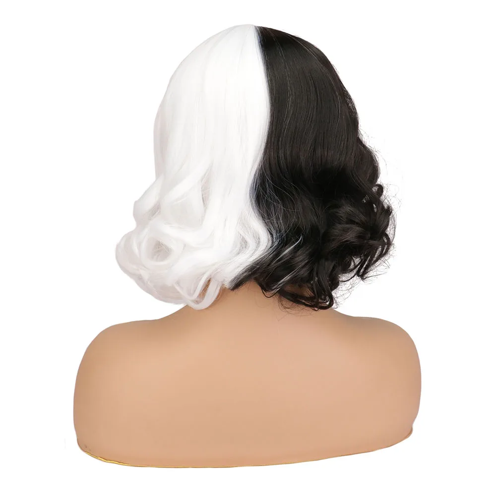 CRUELLA de Vil Cosplay Wig Short Curly half Black half White Ms. Spot Hair Deville Dalmations Heat Resistant Cosplay Wigs