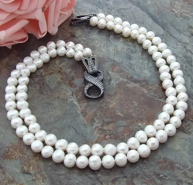 

Charming 2row 9-10mm White Pearl Necklace CZ Clasp 18“19“””