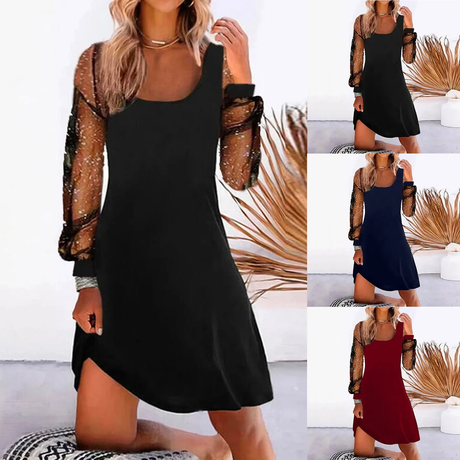 Women Dress See-through Mesh Patchwork U Neck Loose Shiny Sequin Long Sleeve Soft Irregular Hem Pullover Mini Dress Vestidos