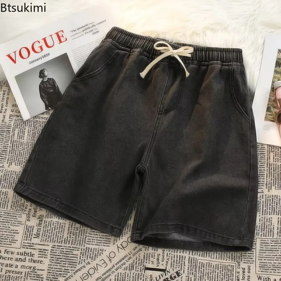 Celana Pendek Denim Gaya Jepang Pria Baru Musim Panas Celana Pendek Kasual Longgar Saku Serut Mode Celana Pendek Jeans Pria Cocok untuk Semua Antik