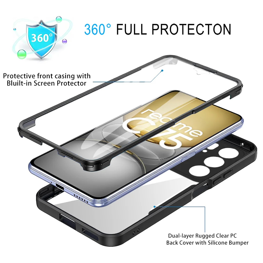 Case For Realme C75 C71 C85 14T 8 9 15 14 Pro Plus 5G 6 c30 c33 Note 70 Bult-in Screen Protector Full body 360 Degree Cover