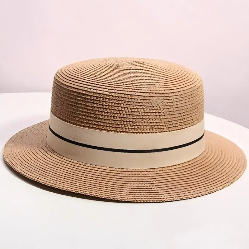 Straw hat women\'s summer flat top small top hat beach vacation hat straw woven hat sun hat