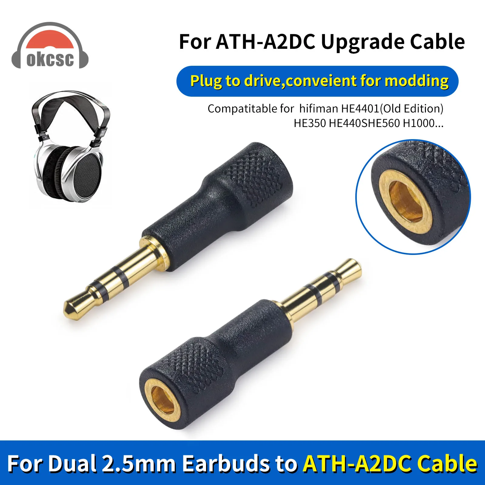 OKCSC Earphone Adapter Dual 2.5mm Male to ATH-A2DC Female Earbuds Connecter for Hifiman HE4401(Old Edition)HE350 HE440S HE560