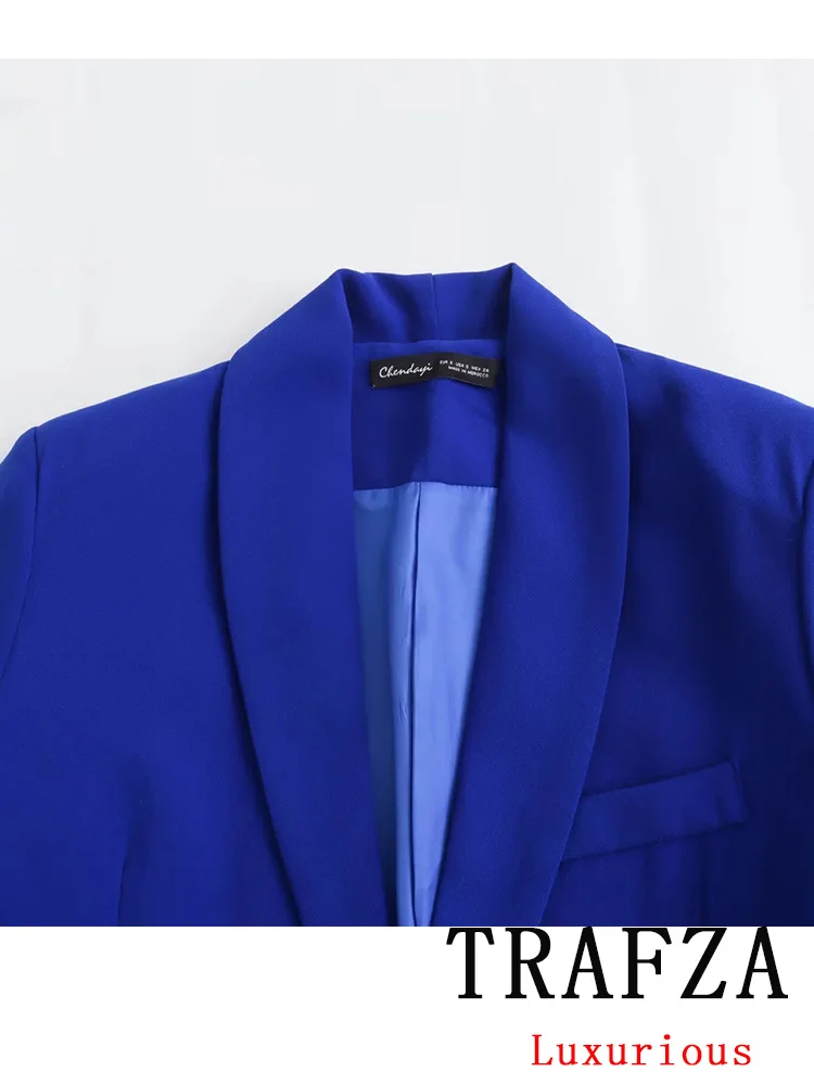 TRAFZA Vintage Chic Blue Solid Women Suit Single Button tasche Blazer pantaloni larghi dritti New Fashion 2024 Office Lady Sets