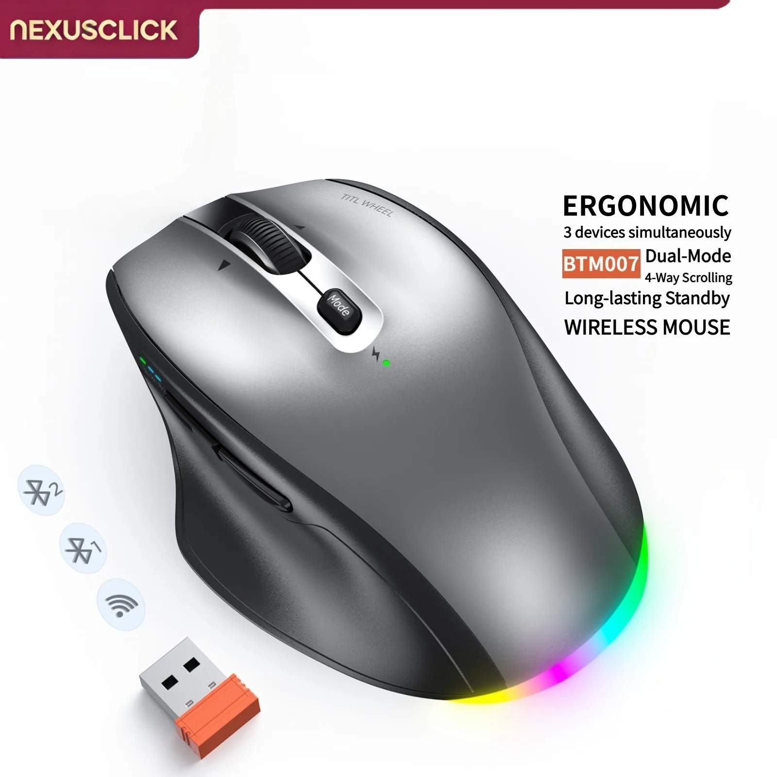 NexusClick Ergonomic Rechargeable Wireless Mouse with Thumb Rest,Dual Mode RGB Silent Click Multi-Device Bluetooth Mice for Work