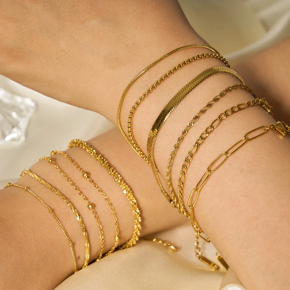 Gold Plated Non Tarnish Stainless Steel Bracelet for Women Thin Link Chain Stackable Waterproof Colorfast Jewelry Gift