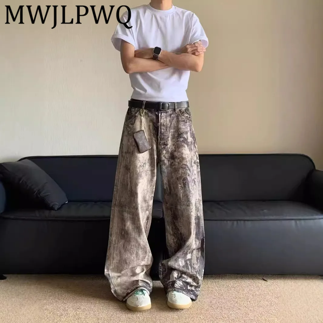 MWJLPWQ جديد التمويه الحبر سبلاش الجينز الرجال شارع العليا ثلاثية الأبعاد طباعة تصميم خمر منخفضة الخصر واسعة الساق السراويل للجنسين السراويل 12089