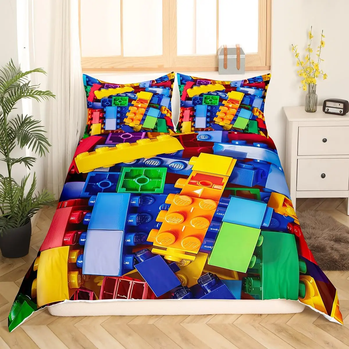 Building Blocks Duvet Cover King Funny Geometric Toy Bedding Set Kids 3D Rainbow Construction Brick Polyester Comforter Cover