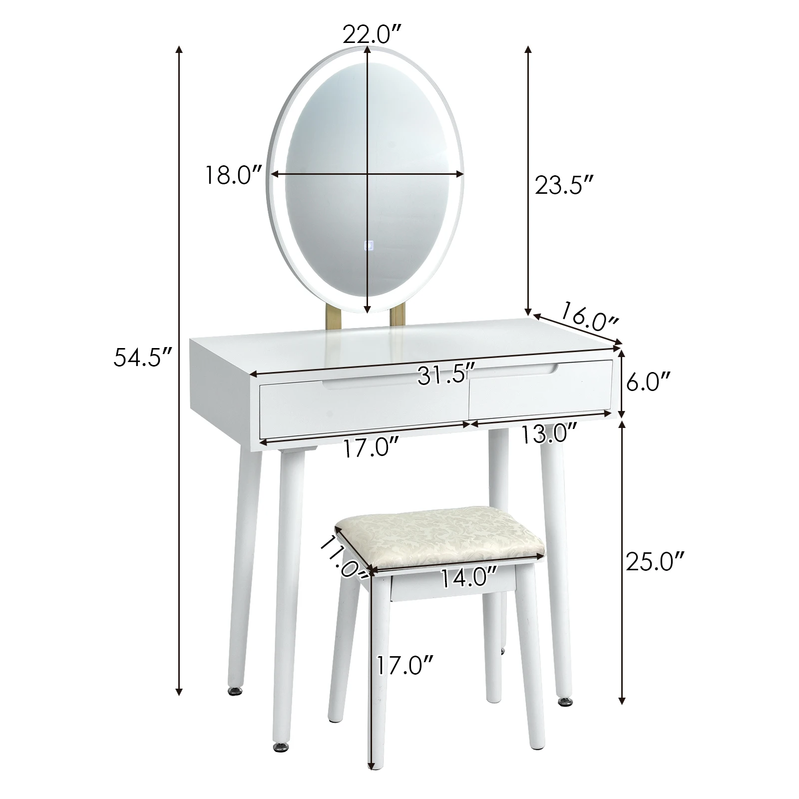 Vanity Makeup Table Touch Screen 3 Lighting Modes Dressing Table Stool Set White