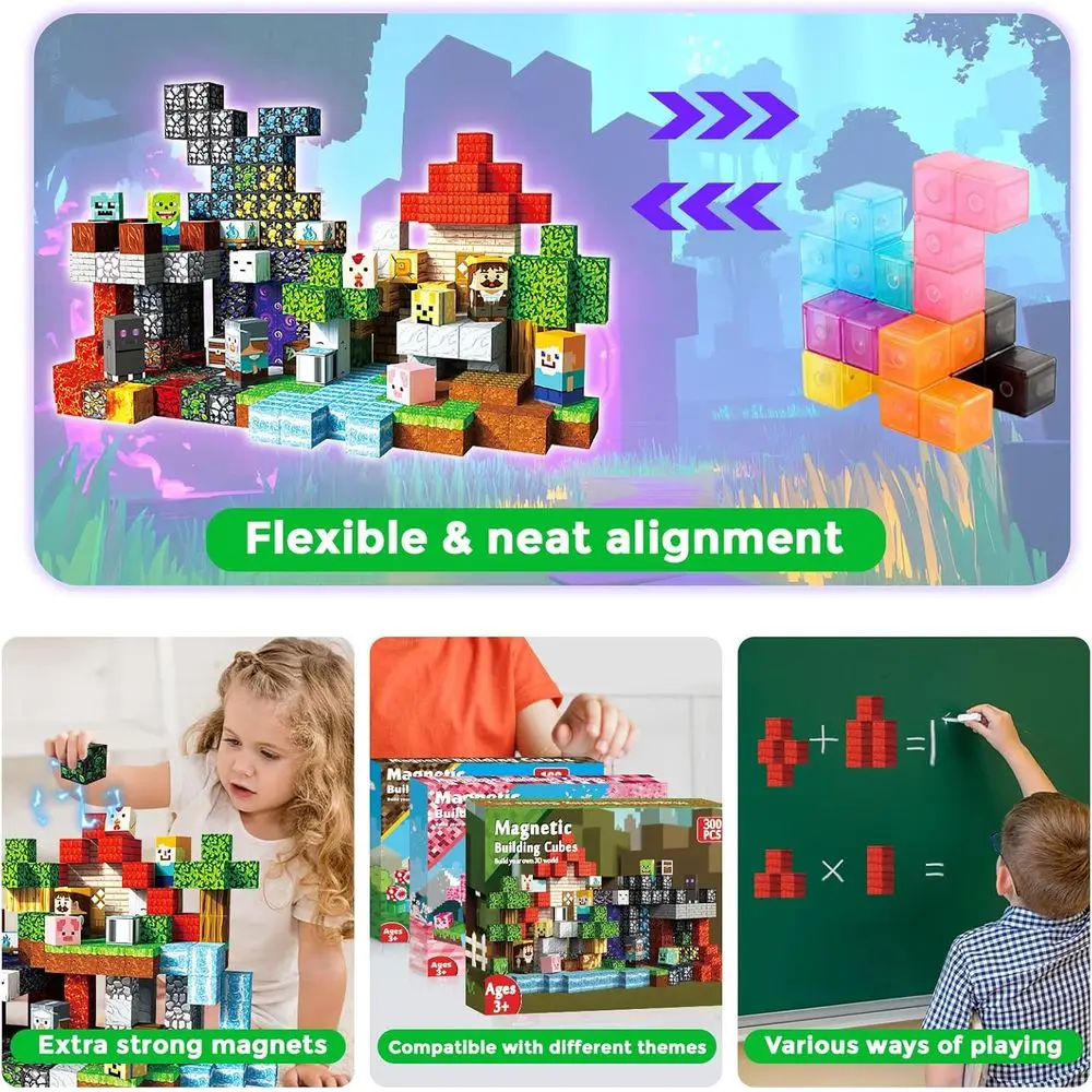 Magnetic Building Blocks Set of 300 for Kids - 0.8in Cubes, STEM Toys, Portal Theme, Birthday Gifts, Ages 3+