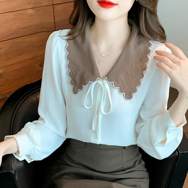 Women Chiffon Tops and Blouses Elegant Fashion Women Long Sleeves Tops Solid Females Blusas Mujer Spliced Sweet Bow Dropshipping