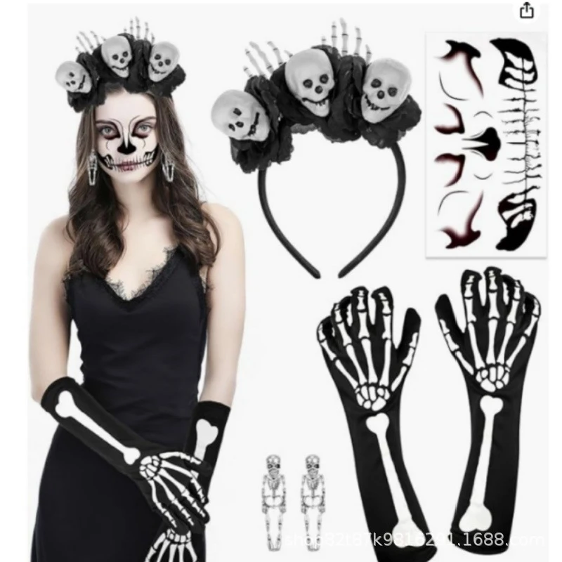 Kit de Accesorios de Halloween con Decoración de Calavera Gótica, Diadema de Flores con Esqueleto, Calcomanía Luminosa de Huesos para Cara y Cuerpo, para Noche de Terror