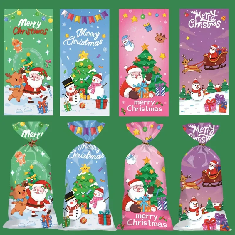50 Pcs Colorful Printing Christmas Plastic Bag Opp Flat-Mouthed Xmas Gift Popcorn Bag Candy Cookies New Year Gift Packaging Bag