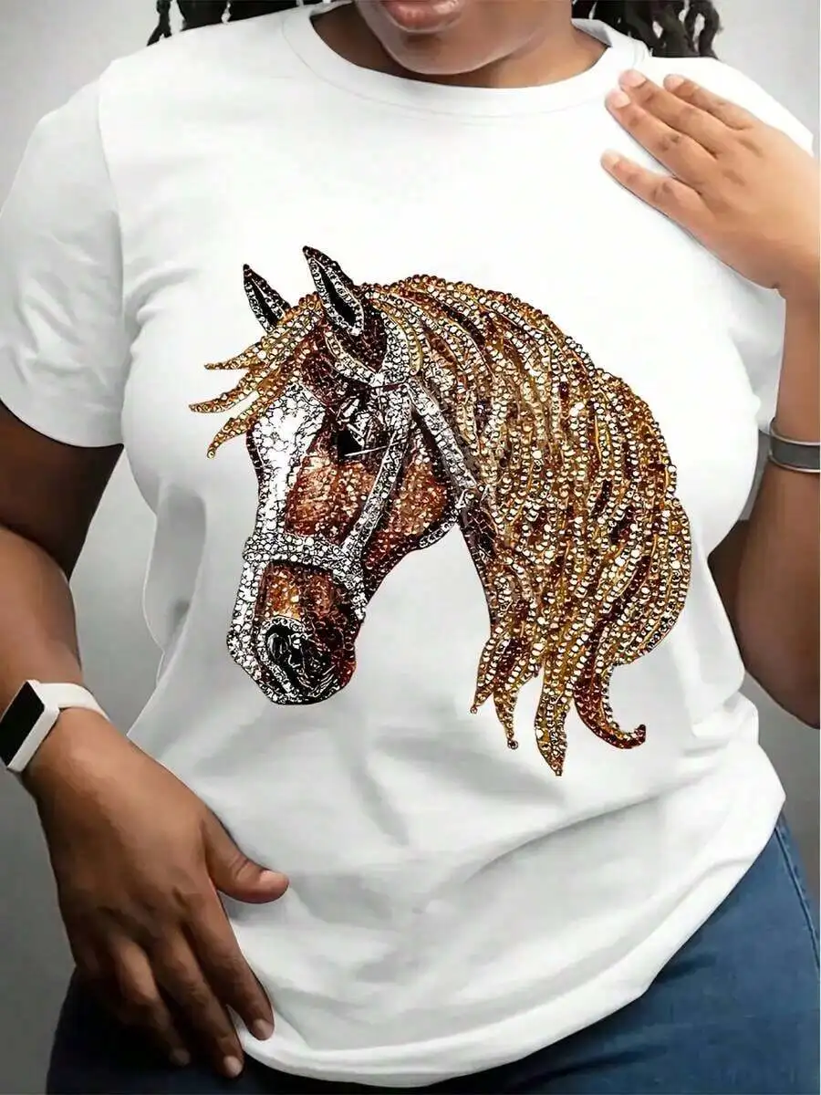 Camiseta Casual de Manga Corta con Cuello Redondo para Mujer - Estampado Gráfico de Caballo Negro con Brillo Dorado