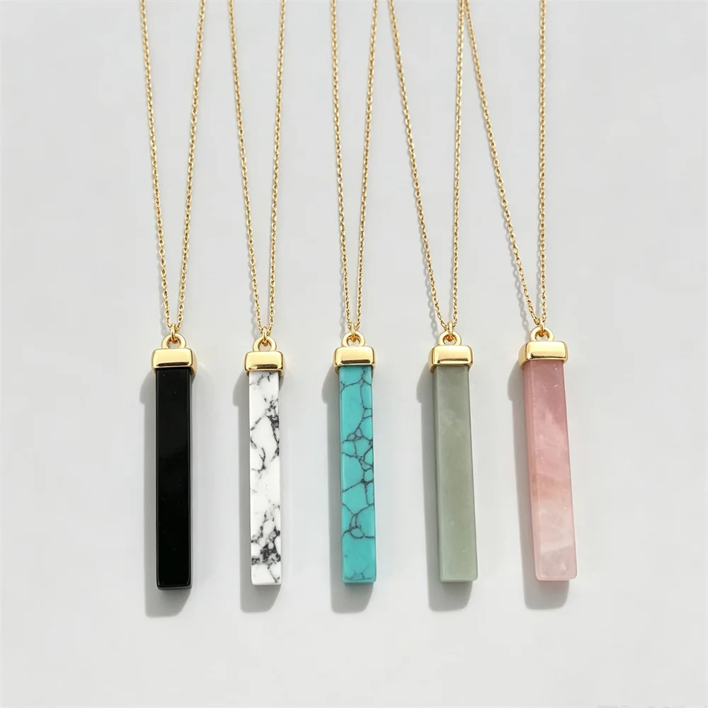Classic Gold Color Plating Sqaure Marble Stick Green Pink Black White Stone Pendant Long Necklace For Women Girl Elegant Jewelry