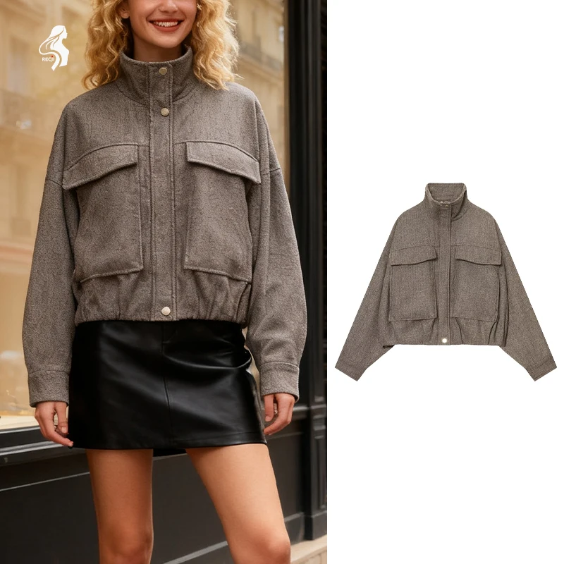 

Womens Pilot Jacket Coat Stand Collar Large Pockets Zipper Fashionable Jacket Must Have Item For Autumn And Winter Trafizaran