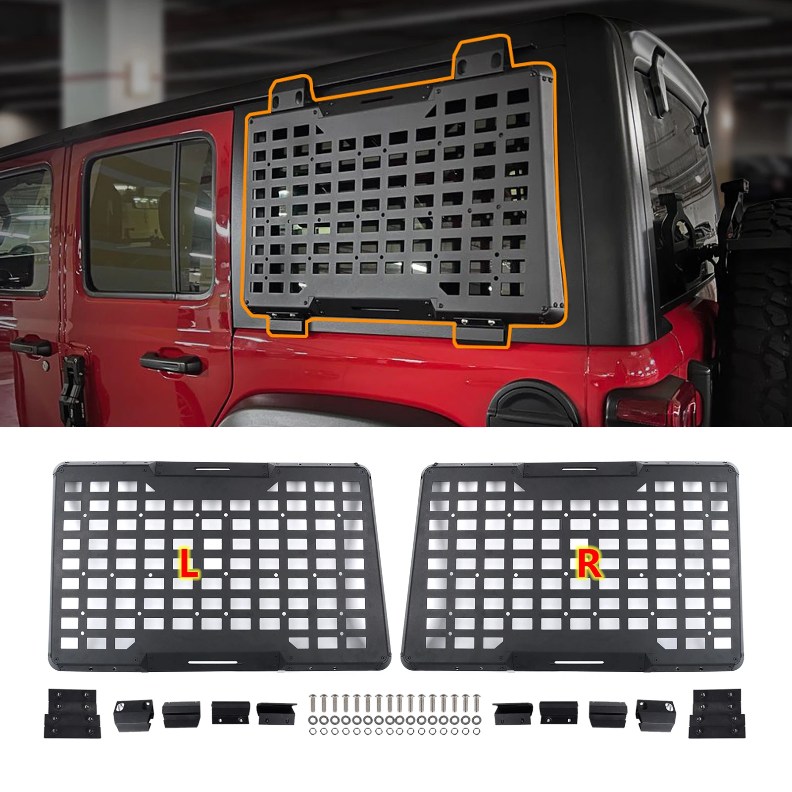 Panel Molle na tylną szybę, modułowy organizer bagażowy, stelaż do przechowywania, zestaw boczny, ochrona szyb do Jeep Wrangler JL 2018-2025 4-drzwiowy