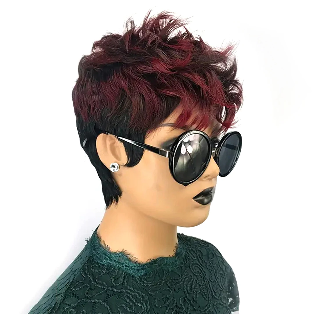 1B99J# Pixie Cut Wig Human Hair For Women Short Pixie Bob Replacement Wigs Short Layered Wave Full Machine Made Wig With Bangs