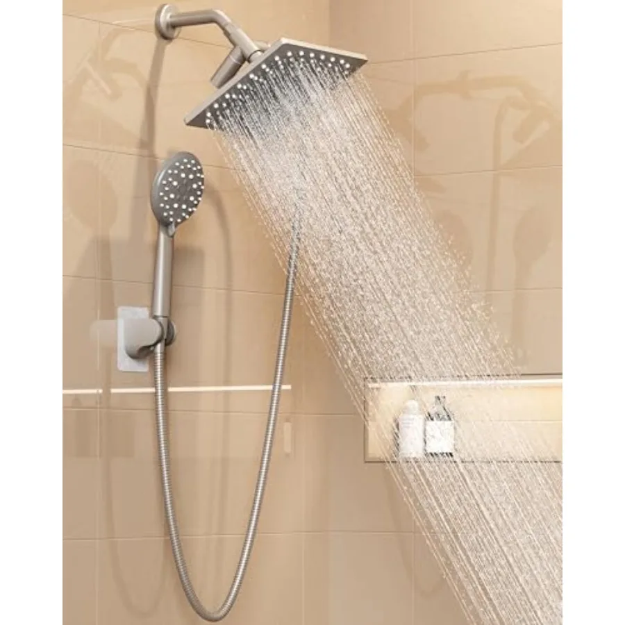

High Pressure Rain Shower Head with Multi-Functions, Square Rainfall Shower Heads with 5-Mode Handheld Spray Combo, Detachable