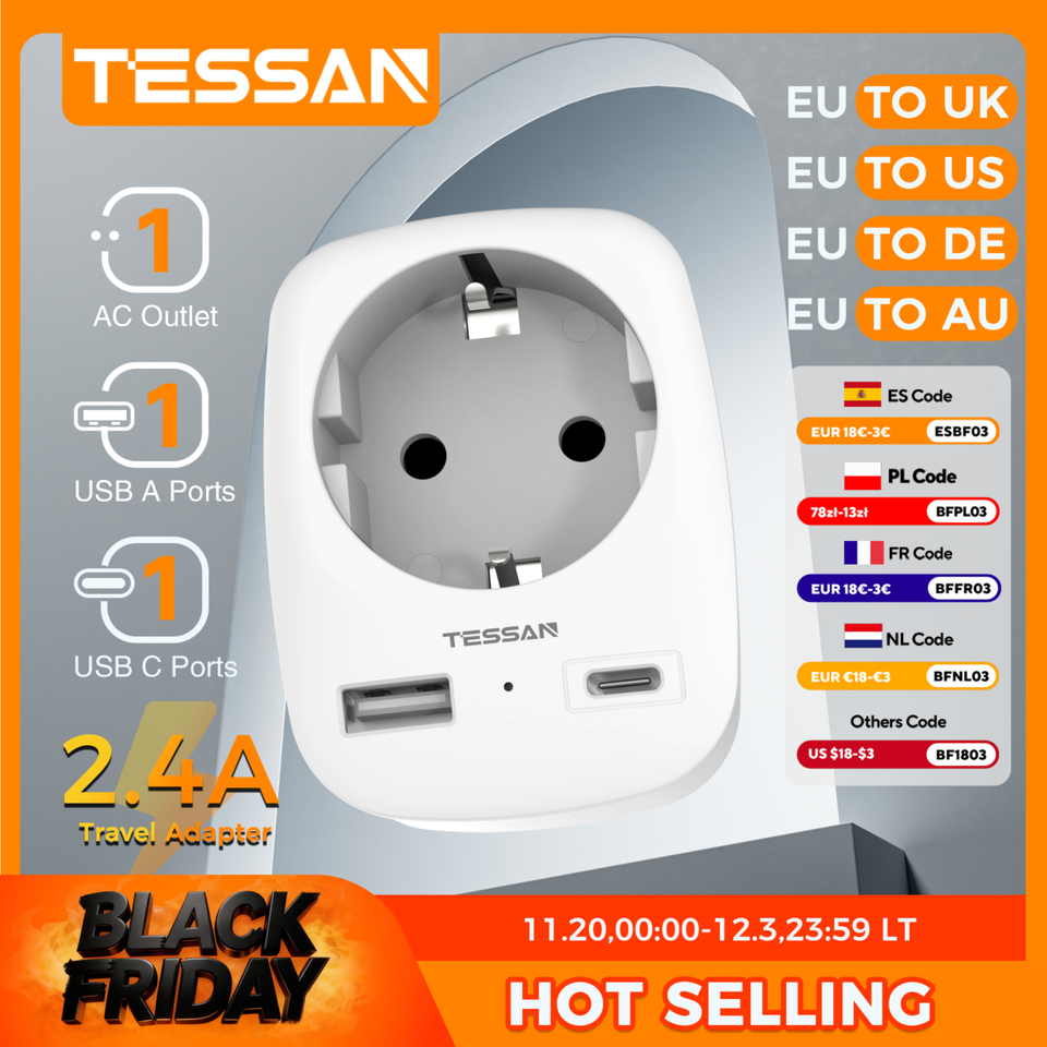  TESSAN EU To UK Travel Adapter Portable Wall Socket with 1 Outlet 2 USB Ports Type G A I F Plug To US/DE/AU/England Adapter 