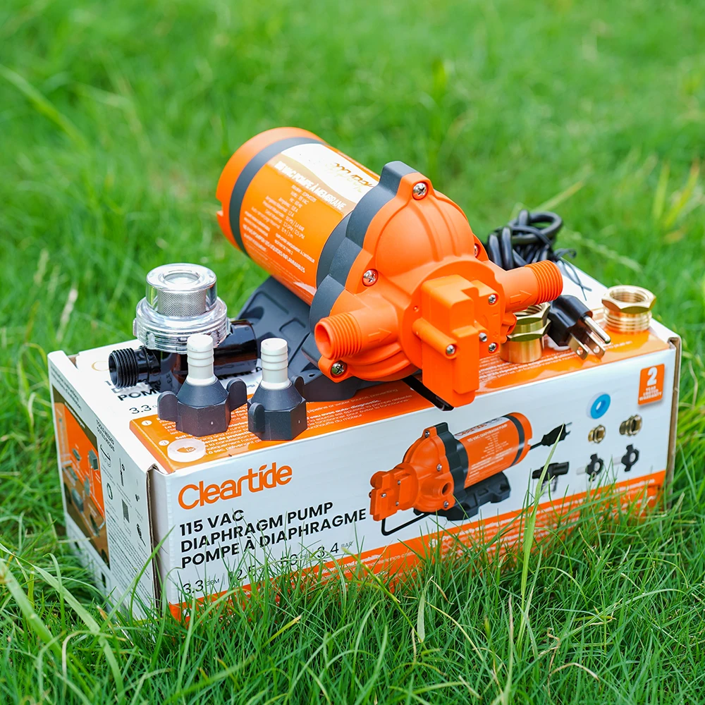 

Cleartide 115V AC 3.3 GPM 50 PSI Electric Diaphragm Pump with Pressure Switch for RV Camper Marine Boat Lawn