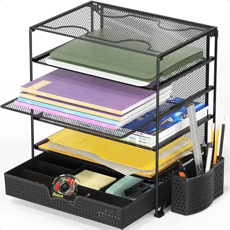 

5Tier Document File Tray with Supplies Sliding Drawer and Pen Bucket Black