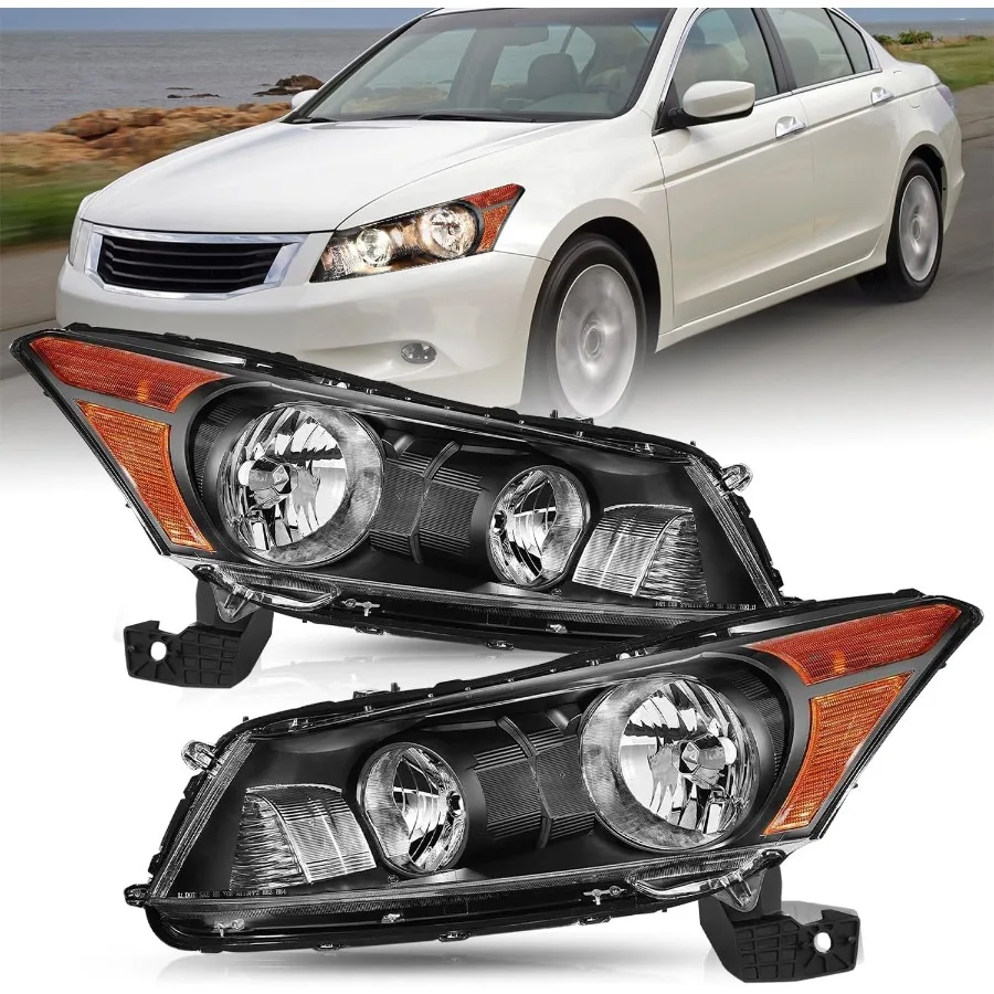 

Headlight Assembly Fit for 20082012 Accord 4Door Halogen Headlamp Right Passenger and Left Driver Side Black Housing with Amber