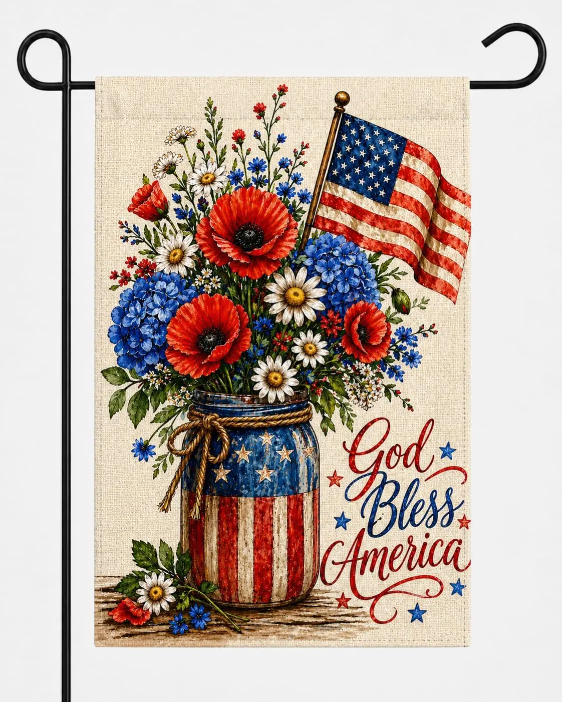 4th of July Garden Flag 12x18, Patriotic Floral Mason Jar Yard Flowers Flag, God Bless America Design Burlap Yard Flag Decor jjp