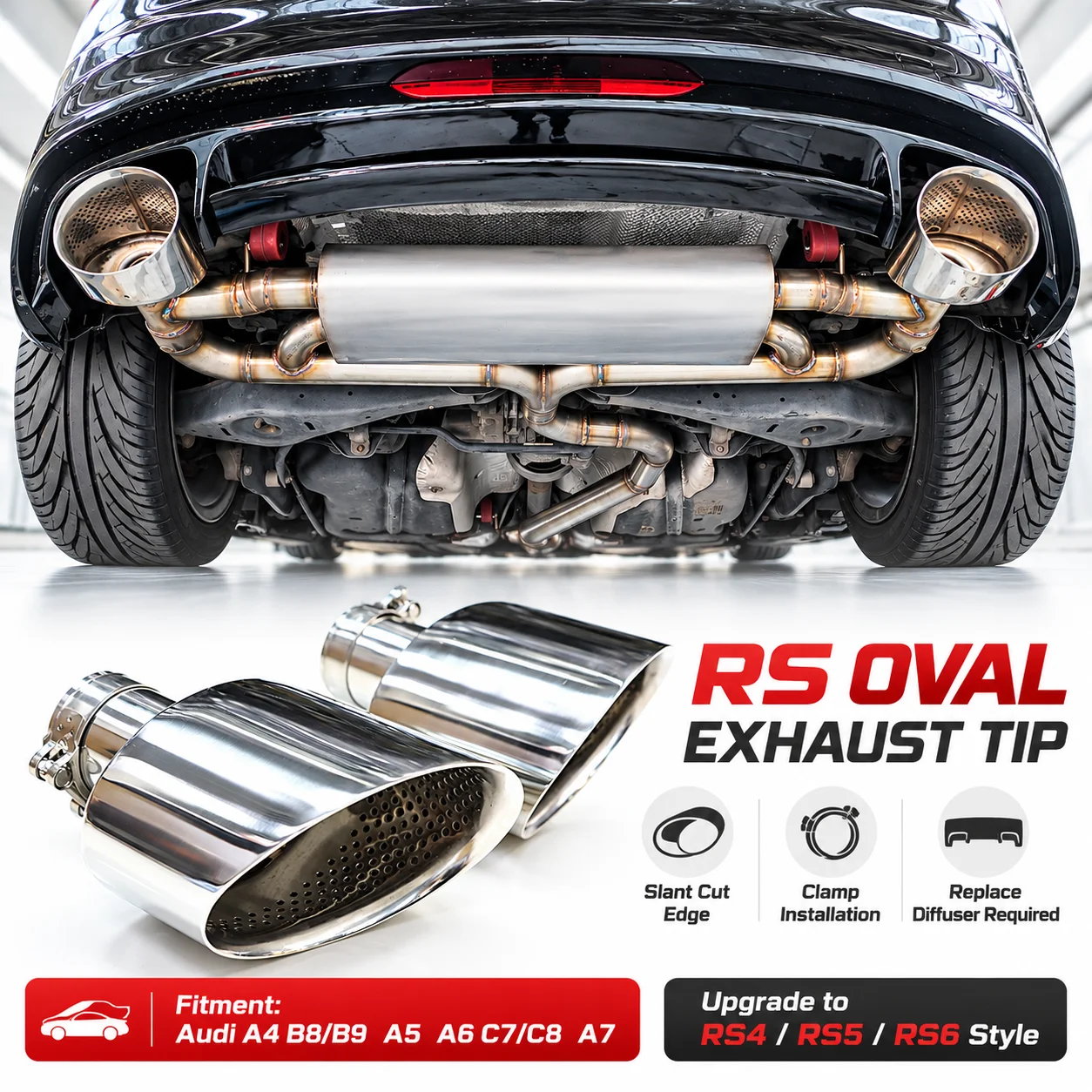 Exhaust Pipe For Audi A3 A4 A5 A6 A7 Upgrade RS3 RS4 RS5 RS6 RS7 Look Oval Tailpipe Nozzle Exhaust System Muffler Tip