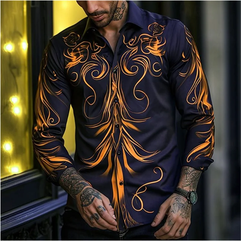 2024 Men\'s Shirt Long Sleeve Slim Button Lapel Summer Jacket Fashion 3D Gold Line Strips 3D Printing Noble Prom Party Jacket