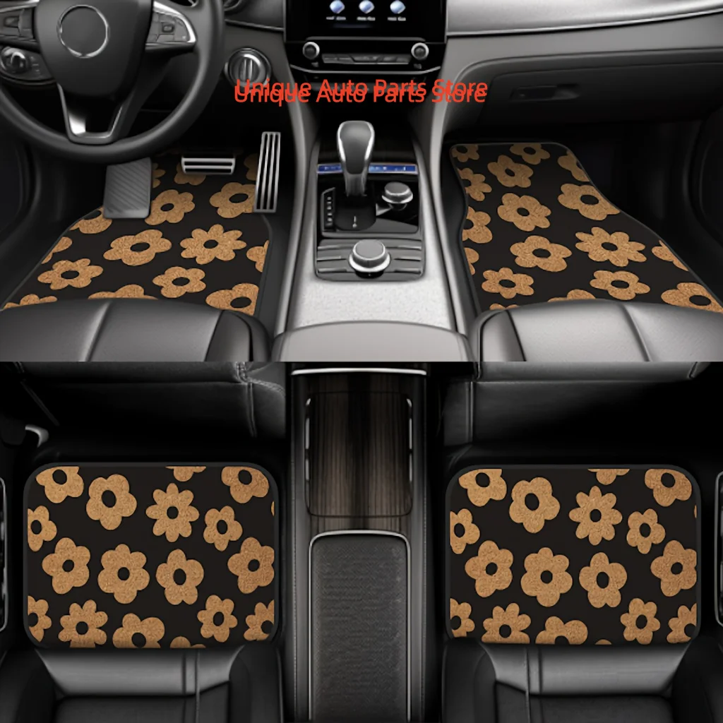 

Set of Four Contemporary Small Yellow Floral Floor Mats, Including Front And Rear Seat Covers, Machine-Washable Foot Mats, And D
