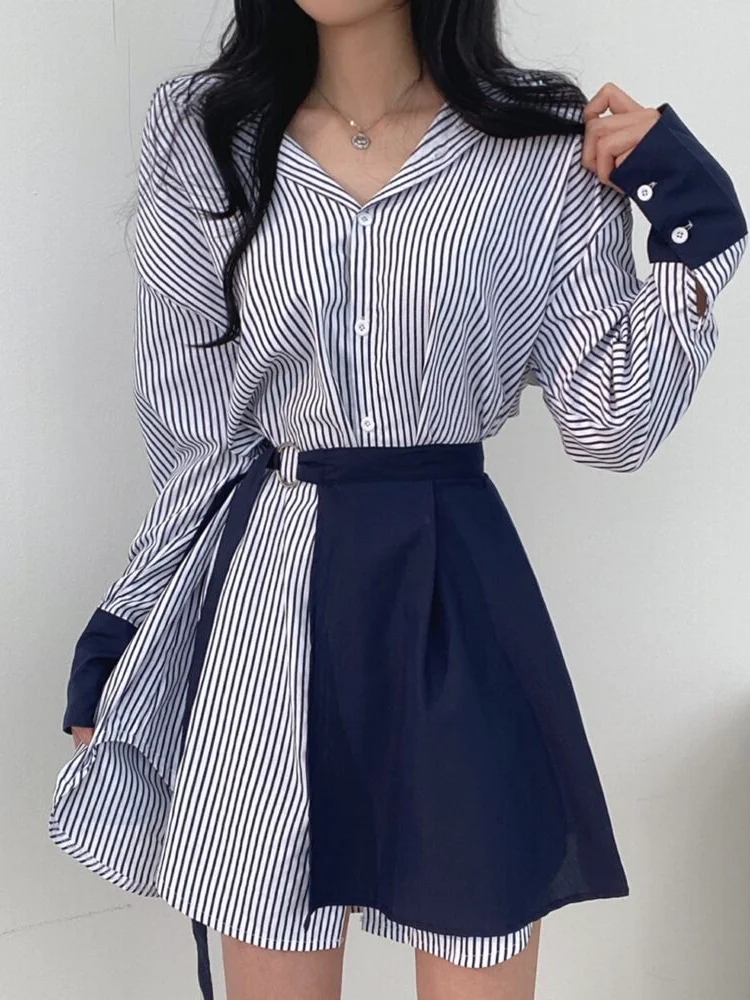 Korean Style A Line Shirt Dress - Fashionable Spring Stripe Shirt Dress Two-Piece